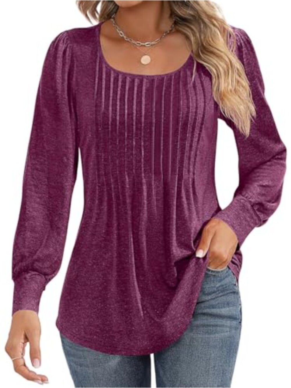 Women's Pleated Puff Long Sleeve Tunic Top Boho Blouse